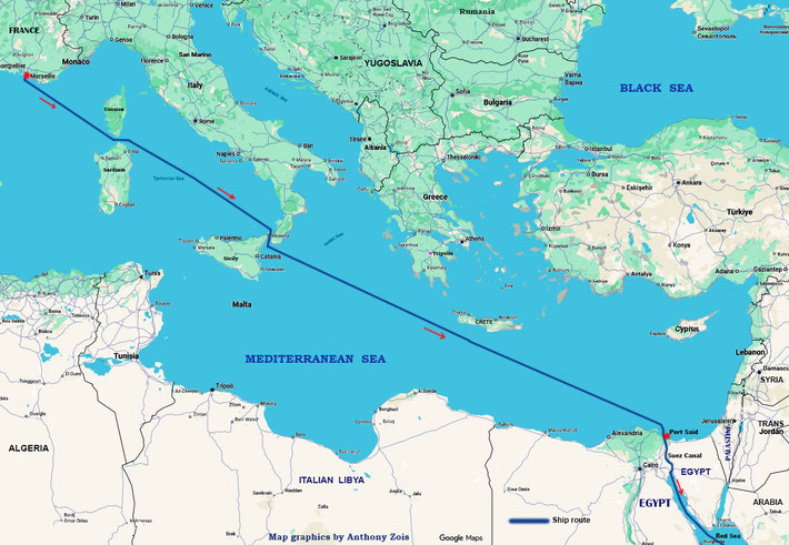 Map shows the ship route from Marseilles, France to Port Sai, Egypt, thru the Suez Canal onto the Red Sea. Map graphics by Anthony Zois.