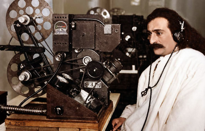1932 : Meher Baba went to the Paramount Film Studios in London to view the rushes of the film taken at the Davy's home, prior to theatrical release. Image rendition by Anthony Zois. BP