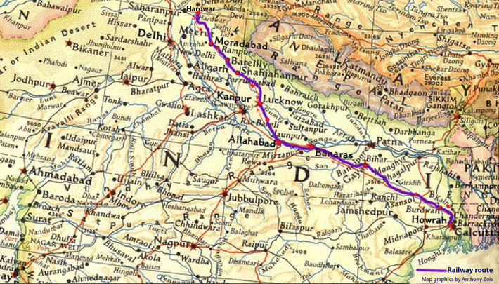 Map shows the train route from Howrah to Hardwar. Map graphics by Anthony Zois.