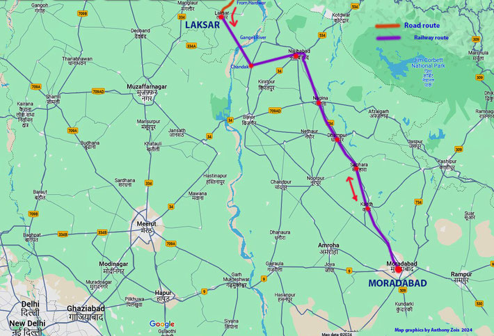 Map shows the rail route from Laksar to Moradabad. Map graphics by Anthony Zois.