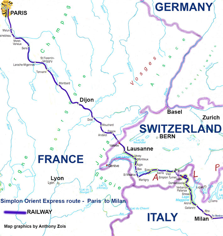 1931 : Map shows the rail route between Paris - Lausanne - Milan. The following map will show the rest of the route to Istanbul. Map graphics by Anthony Zois.