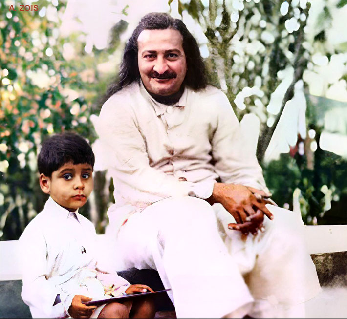 Meher Baba with Rustom's son Jangoo in April 1941 at Dehra Dun. Image rendition by Anthony Zois.