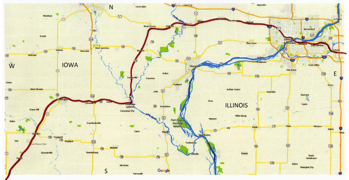 IOWA Map ; Davenport to Kansas City - 1st part of the rail route through Iowa