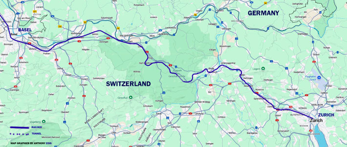 MAP 12 : Map show a close-up of the rail route between Basel and Zurich, Switzerland. Map graphics by Anthony Zois.