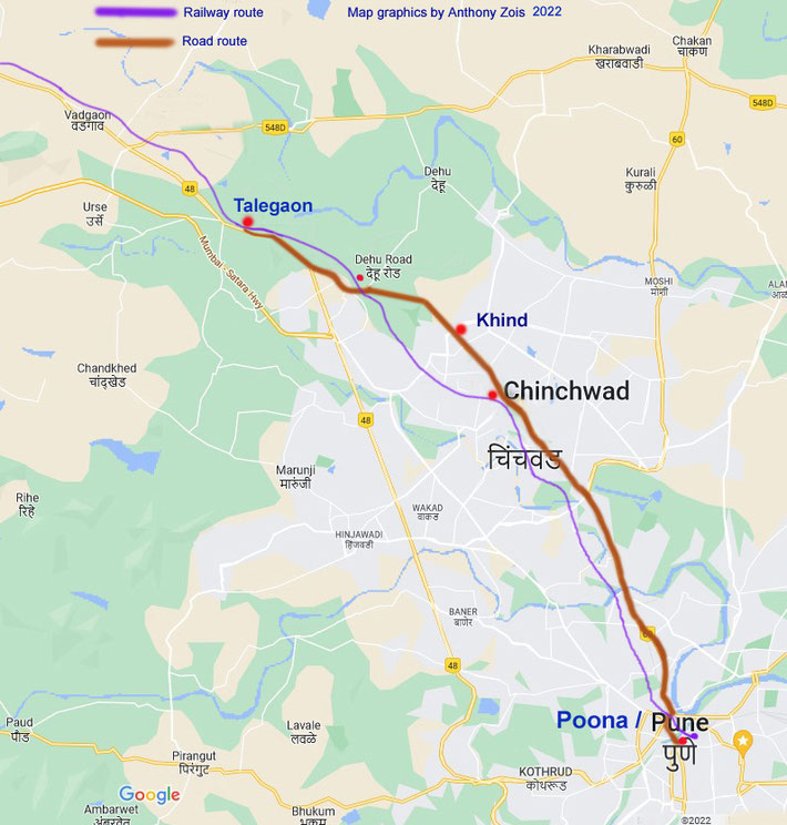 1922 Map : 1st part of the road journey, Poona to Talegaon. Map graphics by Anthony Zois.