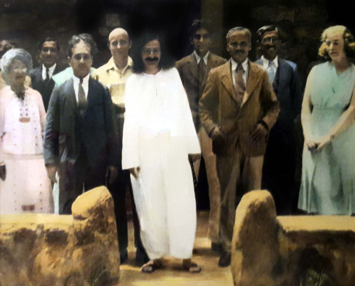 1932 : Meher Baba at Harmon, New York.  Adi is in the Brown suit next to Meher Baba at the rear. Colourized image.
