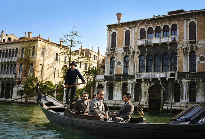 1932 : Meher Baba in Venice, Italy with Enid Corfe, Kaka Baria and Adi K. Irani. Image rendition by Anthony Zois.