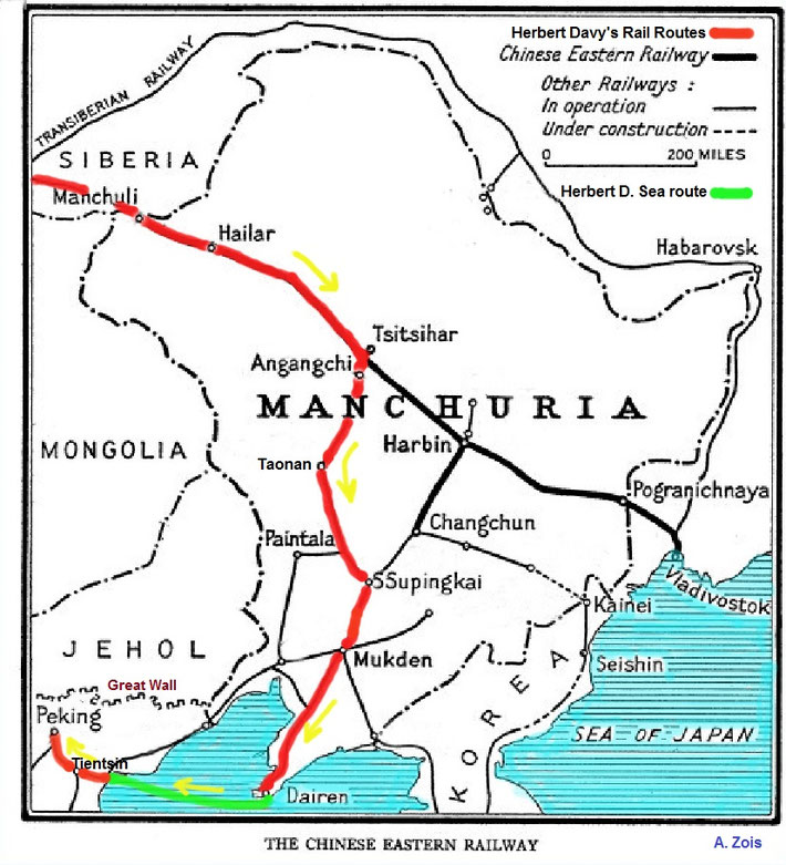 Map 2 : The Chinese train & sea routes that Herbert Davy's took to Peking. Map details by Anthony Zois.