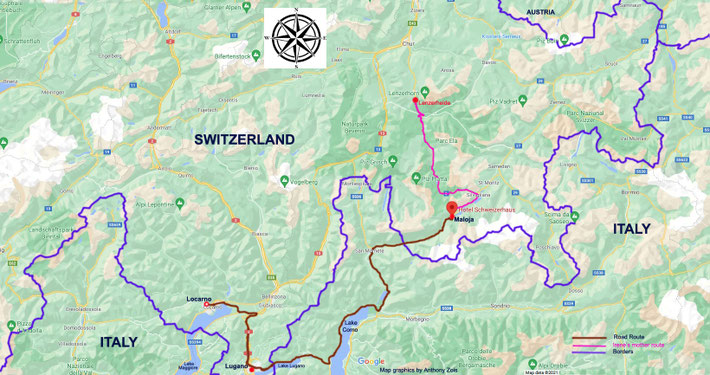 1952 : Map 1  shows the whole road route taken by Meher Baba from Locarno to Maloja via Lake Como. Map graphics by Anthony Zois.
