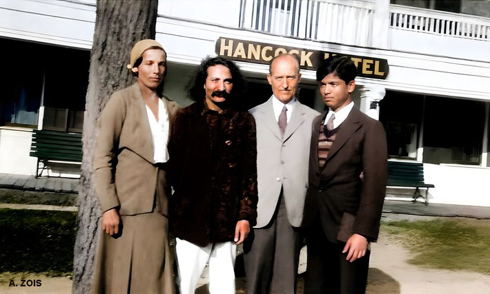 1931 : Cath Gardner, Meher Baba, Meredith Starr & Agha Ali outside the Hancock Hotel. Image rendition by Anthony Zois.