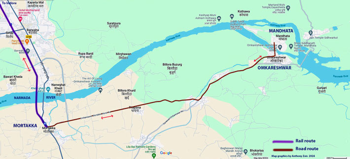 Map show the train line from Ujjain & the road to Omkareshwar & Mandhata. Map graphics by Anthony Zois.