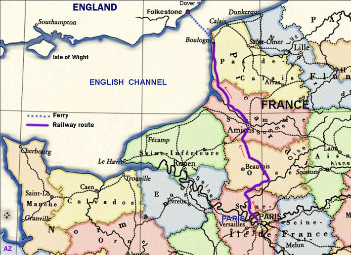 Close up map showing the train route that Meher Baba took from Paris to Boulogne, then ferry to Folkestone. Map graphics by A. Zois.