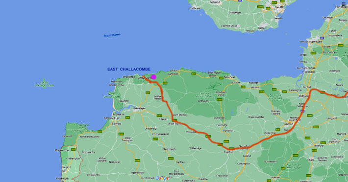 Devon map of England, showing the car route taken from London. Map graphics by A. Zois.