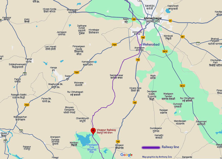 Map shows the location of the railway town to Ahmednagar. 