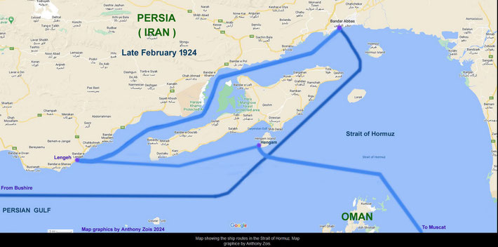  Map showing the ship routes in the Strait of Hormuz. Map graphice by Anthony Zois.