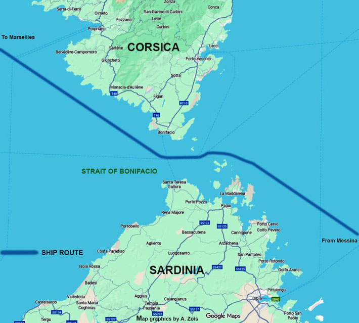 1931 : Map shows the ship route through the Strait of Bonifacio before reaching Marseilles, France. Map graphics by Anthony Zois.