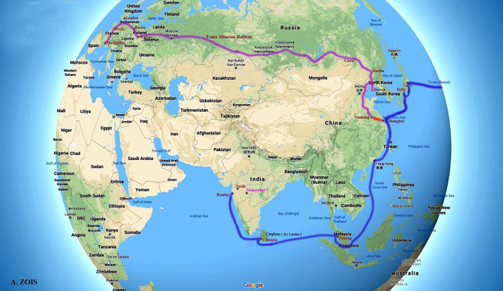 1932 : Globe graphics created by Anthony Zois - the 3rd & last leg of Meher Baba's 1st World Tour. Asia-Pacific ship routes & Herbert Davy's epic train journey from Nanking ( China ) to Marseilles ( France ).