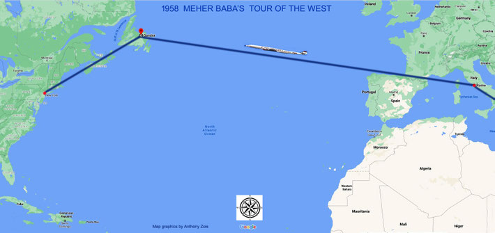  1958 : Map shows the 2nd leg detail of Meher Baba's journey by TWA plane from Rome to New York. Map graphics by Anthony Zois.