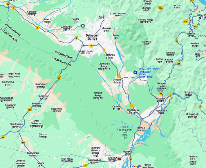 Modern map of Dehra Dun's surrounfing towns. There was no airport during Baba' s visits.
