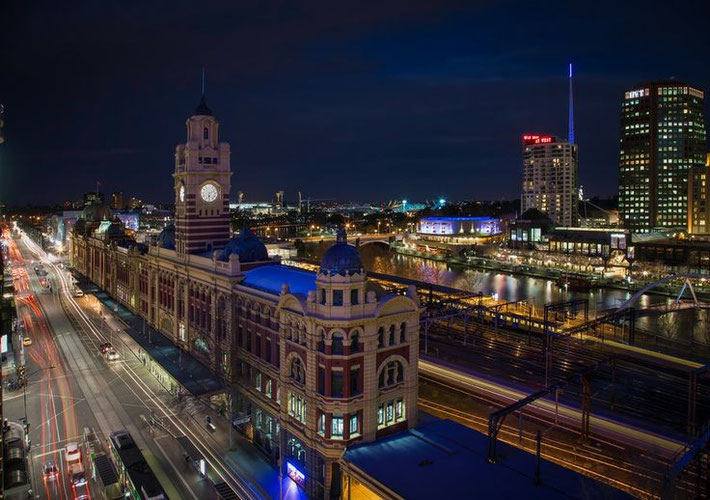 Flinders Street Railway Station - looking Eastward with Southbank on the other side of the Yarra River  