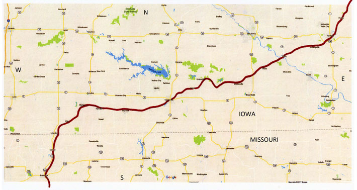 IOWA Map ; Davenport to Kansas City - 2ndt part of the rail route through Iowa