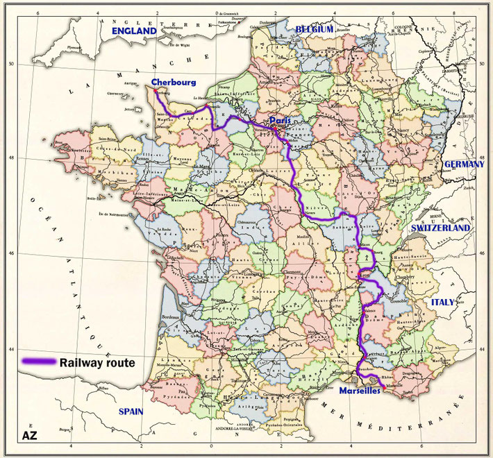 Map shows the rail route from Cherbourg to Paris, then to Marseilles. Map graphics by Anthony Zois.