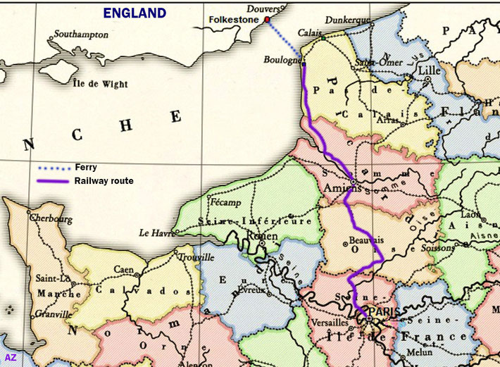 The map shows the Paris to Boulogne railway lines. Map graphics by A. Zois.