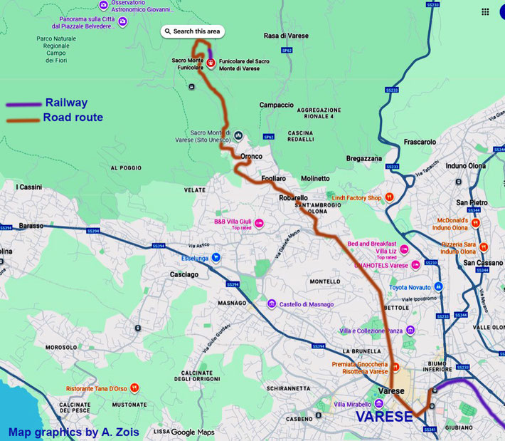 Map shows the road route between Varese and the church on the mountain. Map graphics by Anthony Zois.