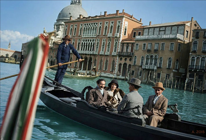1932 : Meher Baba in Venice, Italy with Enid Corfe, Kaka Baria and Adi K. Irani. Image rendition by Anthony Zois.