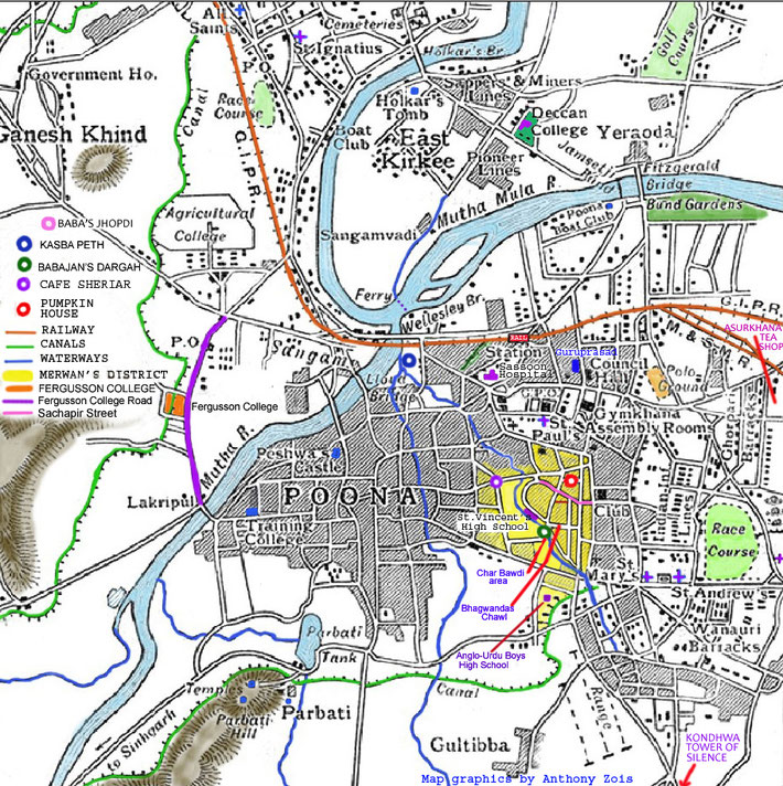  1914 Map of Poona showing the important locations for Merwan Irani ( later Meher Baba ). Map graphics by Anthony Zois. 