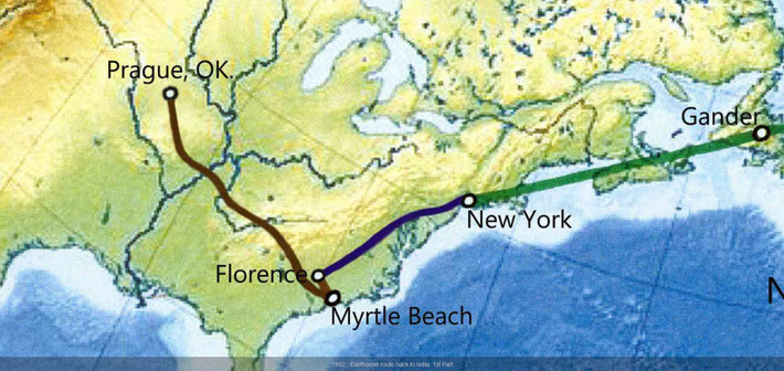 1952 : Fight path to New York, NY., then by train to Florence, SC., then by car to Myrtle Beach. Later, the road route taken from Myrtle Beach SC., to Prague, Ok. & return. Map graphics by Anthony Zois.
