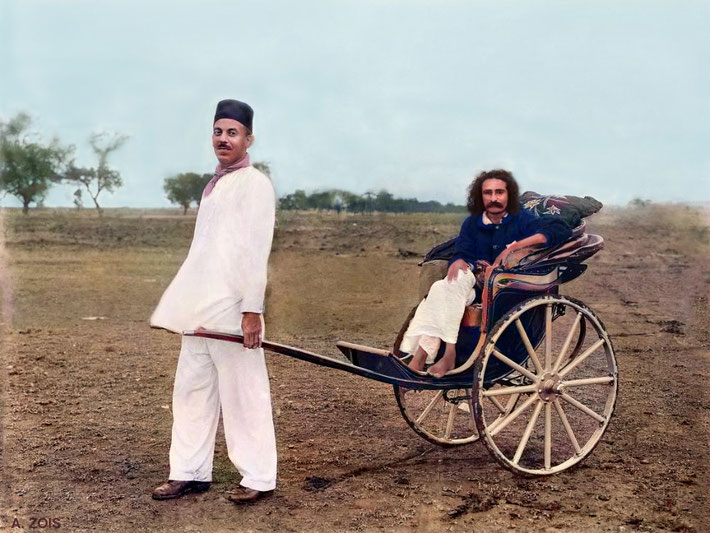 19th Sept. 1927 : Meher Baba in a tonga pulled by Baily Irani at Meherabad, India. Image rendition by Anthony Zois.