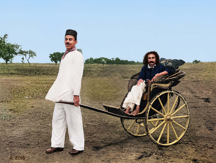 19th Sept. 1927 : Meher Baba in a tonga pulled by Baily Irani at Meherabad, India. Image rendition by Anthony Zois. BP