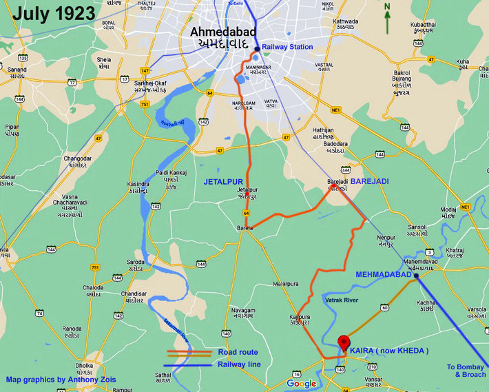 1st - 2nd July 1923 : Meher Baba & his men mandali walking trip from Ahmedabad to Mehmadabad. Map graphics by Anthony Zois.