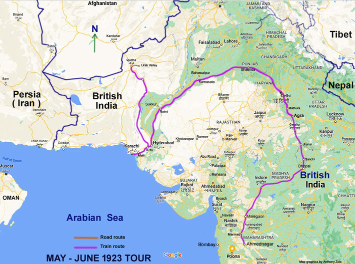 May - June 1923 map route - Ahmednagar to Quetta, Br. India. Map graphics by Anthony Zois.