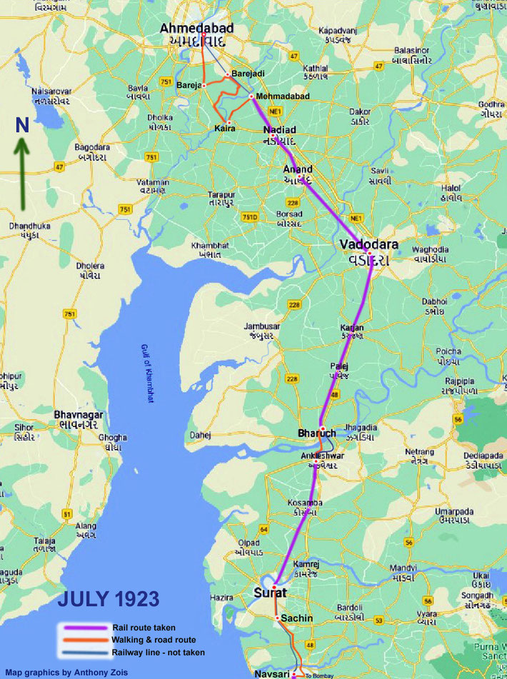 Map shows the various walking routes between Ahmedabad & Navsari. Map graphics by Anthony Zois.