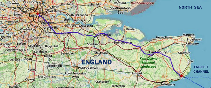 Map shows the route from London's Victoria Station to Dover.