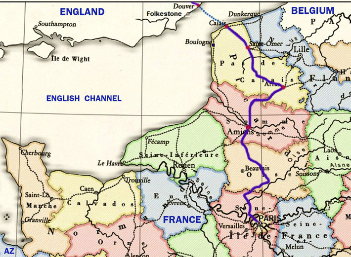 MAP 8 : Map shows the rail route from Paris to Boulogne, then ferry to Folkestone, England. Map graphics by Anthony Zois.