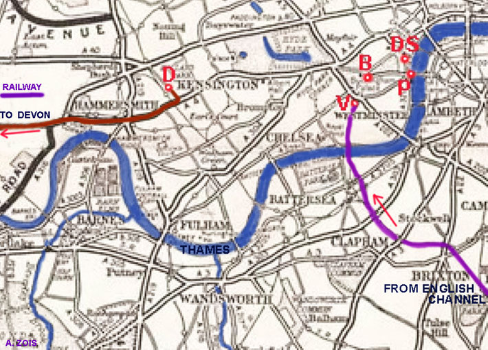 D-Devy's home V-Victoria Railway Station B-Buckingham Palace P-Parliament DS-Dowing St.