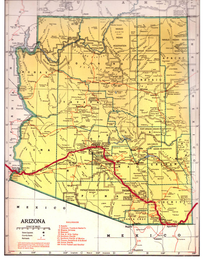 ARIZONA STATE MAP. This map shows the journey Meher Baba took across the state of Arizona. This map apart from the rivers and county lines only shows rail-lines not roads. The train route in red was made by Anthony Zois.