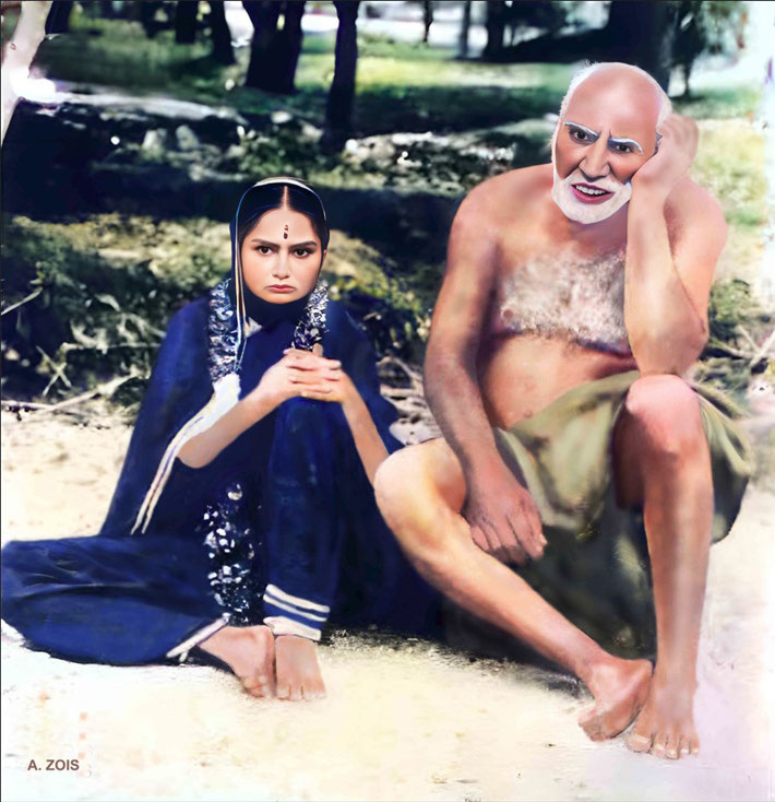 About 1920 : Perfect Master Upasni Maharaj with his young female disciple Godavrimai. Image rendered by Anthony Zois. PA