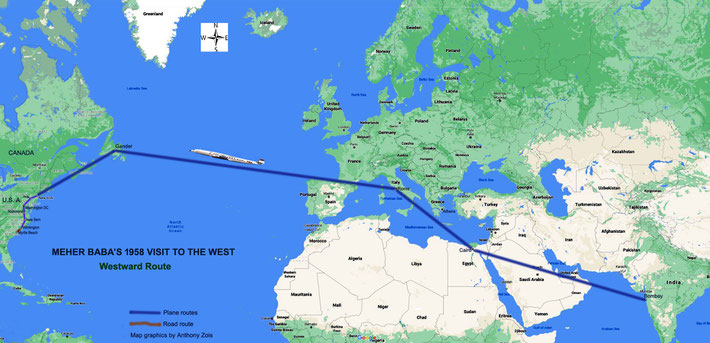 1958 : Map shows the Westward route of Meher Baba's tour to the Esat Coast of the U.S. Map graphics by Anthony Zois.