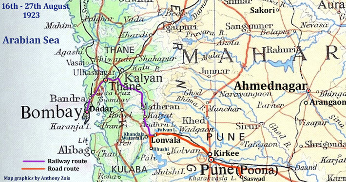 16th-27th Aug. 1923 : Bombay to Lonvala & Poona. Map graphics by Anthony Zois.