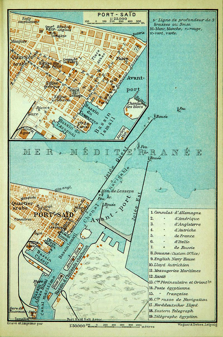 This map shows the town of Port Said, Egypt with close-up detail insert.