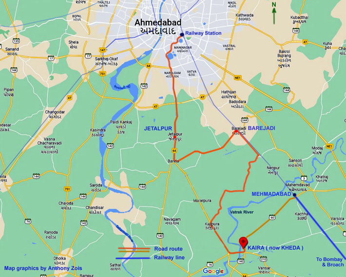 The map shows the foot journey from Ahmedabad R.S. to Mehmadabad, then rail to Broach. Map graphics by Anthony Zois.