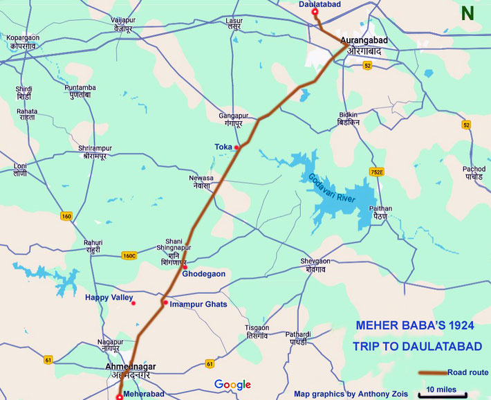 1924 Road trip Ahmednagar to Daulatabad, India. Map graphics by Anthony Zois.