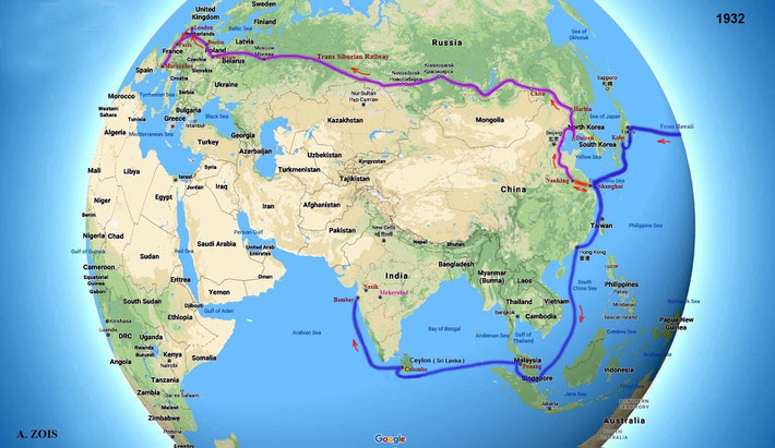  Globe graphics created by Anthony Zois - ( Blue line ) the 3rd & last leg of Meher Baba's 1st World Tour. Asia-Pacific ship routes & Herbert Davy's epic train journey ( Purple line )  from Nanking ( China ) to Marseilles ( France ).