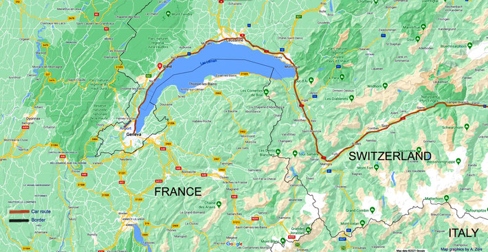 Map 3 : Detail view showing the 2nd part of the showing the route from Lucarno to Geneva. Map graphics by Anthony Zois.