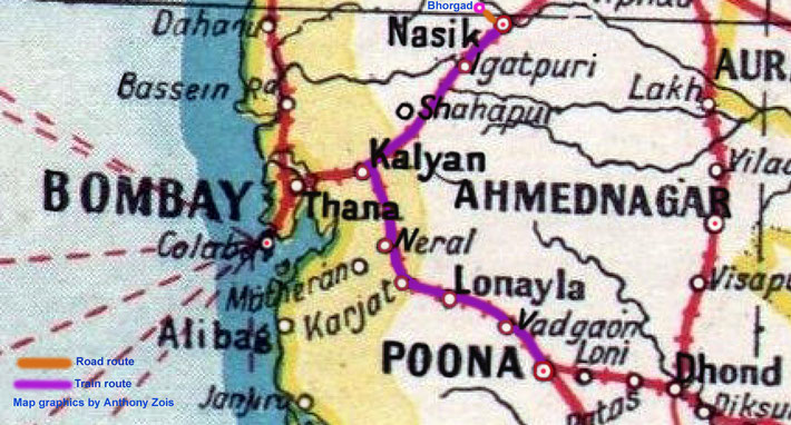 1920 : Map showing the train route from Poona to Nasik. Map graphics by Anthony Zois.