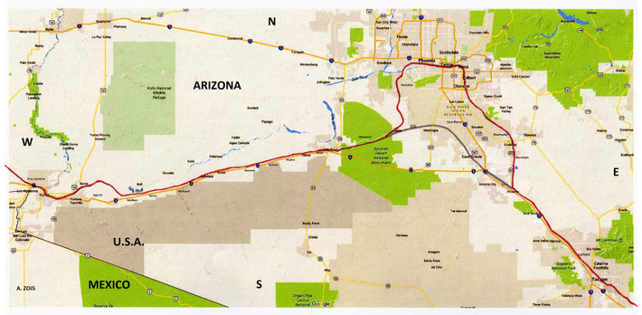 Tucson - Phoenix - Yuma train route. Rail route marked by Anthony Zois.